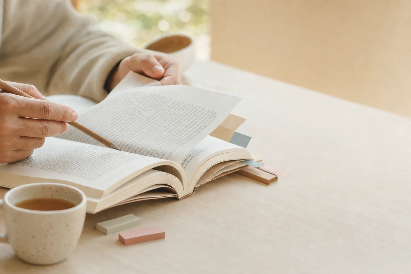 Eine Hand blättert in einem Buch mit farbigen Reitern, daneben eine Tasse Tee